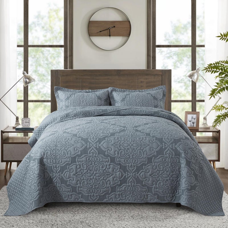 NEWLAKE Reversible Quilt Bedspread Embroidered Microfiber Coverlet Set,Jacquard Embossed Floral,Grey, King Size - Image 1